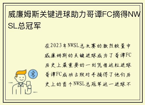 威廉姆斯关键进球助力哥谭FC摘得NWSL总冠军