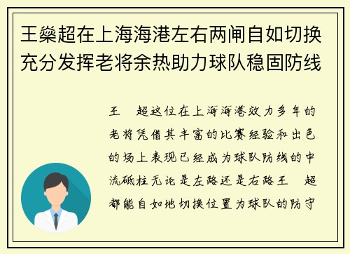 王燊超在上海海港左右两闸自如切换充分发挥老将余热助力球队稳固防线 王燊超在上海海港左右两闸自如切换充分发挥老将余热助力球队稳固防线